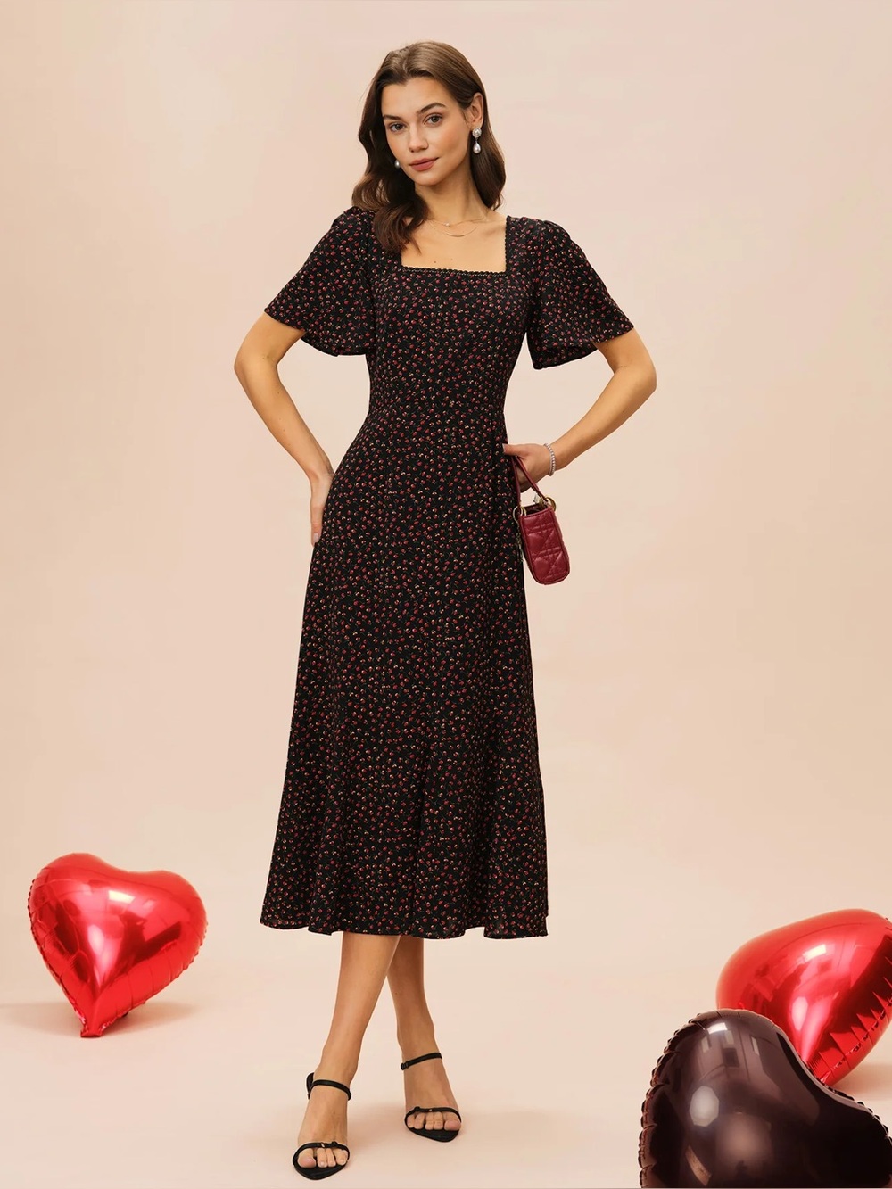 Rihoas Black Square Neck Butterfly Sleeve Floral Midi Dress